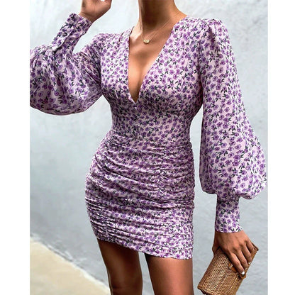 Elegant Lantern Sleeve V Neck Floral Skirt Women's Autumn Dress