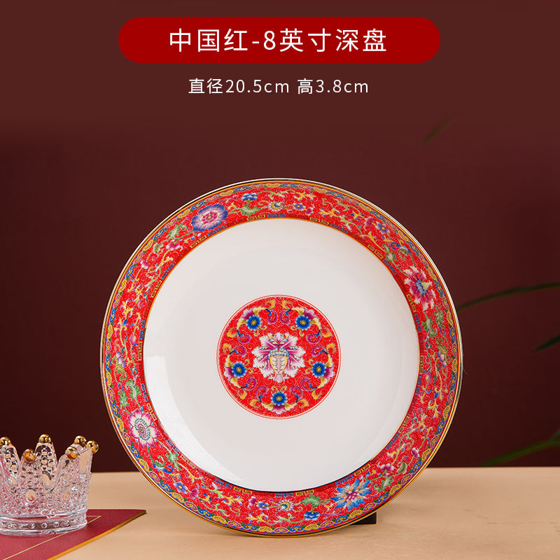 Enamel Color Big Dish round Plate For Home Single Chinese Creative Deep Dish Soup Plate Ceramic Tableware