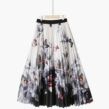 Summer Retro Blue and White Porcelain Printed Mid Length Pleated Skirt