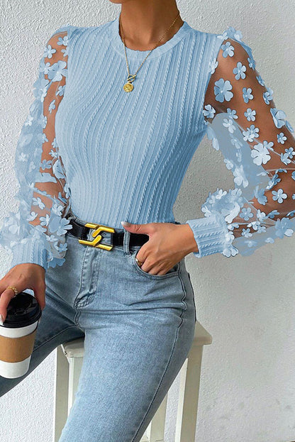 Women Fashion Blouse Mesh Long Sleeves Small Flower