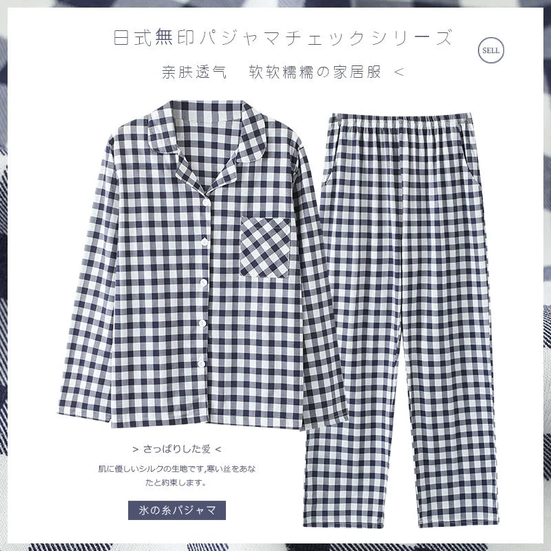 Pure Cotton Thin Plaid Unisex Pajamas for Men and Women Spring and Autumn Long Sleeves Plus Size Outerwear