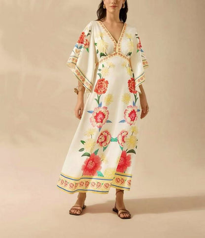 Women Summer Vintage Deep V Coconut Tree Print Flare Sleeve A-line Maxi Dress