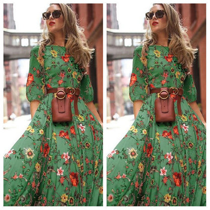 Elegant Spring Flower Long-Sleeved Maxi Dress