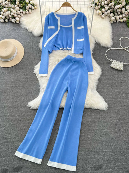 Fashion Suit K-style Long Sleeves Knitting Cardigan Vest Loose Pants Three-Piece Set