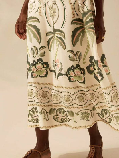 Women Summer Vintage Deep V Coconut Tree Print Flare Sleeve A-line Maxi Dress