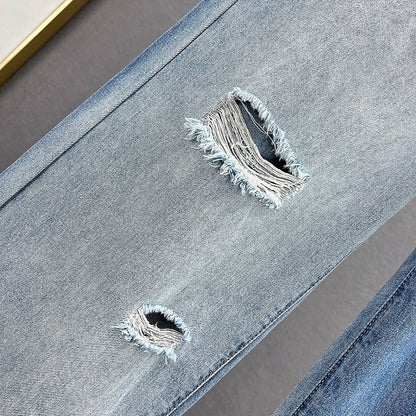 Ripped Wide-Leg Diamond Jeans Female Summer High Waist Loose Slim