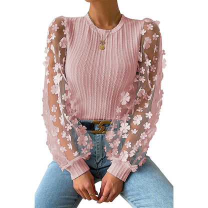 Women Fashion Blouse Mesh Long Sleeves Small Flower