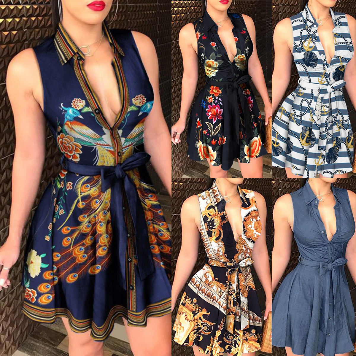 V-neck Lace up Fashion Print Dress