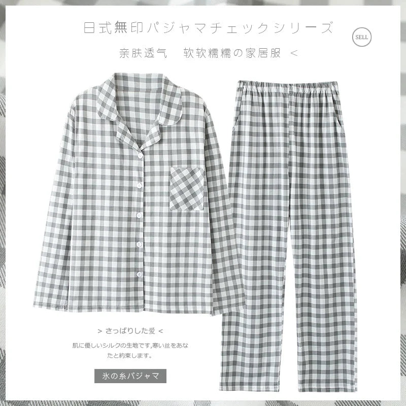 Cotton Couple Pajamas for Men and Women Spring and Autumn Pure Cotton Thin Plaid Long Sleeves Plus Size Outerwear
