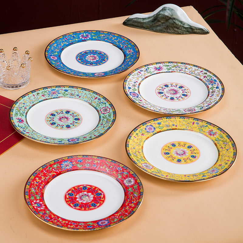 Enamel Color Big Dish round Plate For Home Single Chinese Creative Deep Dish Soup Plate Ceramic Tableware