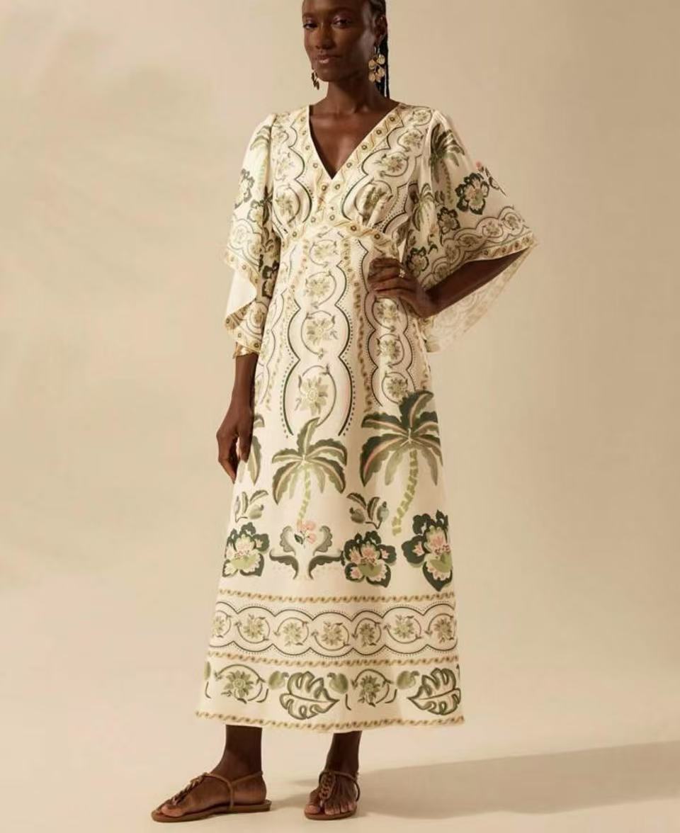Women Summer Vintage Deep V Coconut Tree Print Flare Sleeve A-line Maxi Dress