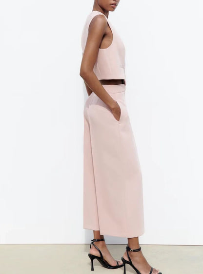 Spring High Waist Loose Pants Pants and Sleeveless V Neck Short Vest
