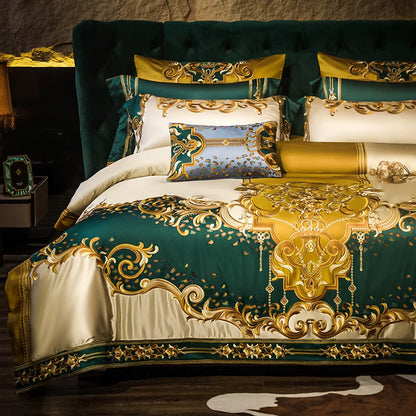 European Luxury Palace Satin Silk Cotton Embroidery Bedding Set 6-10 PCs Set
