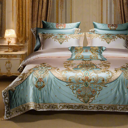 European Luxury Palace Satin Silk Cotton Embroidery Bedding Set 6-10 PCs Set