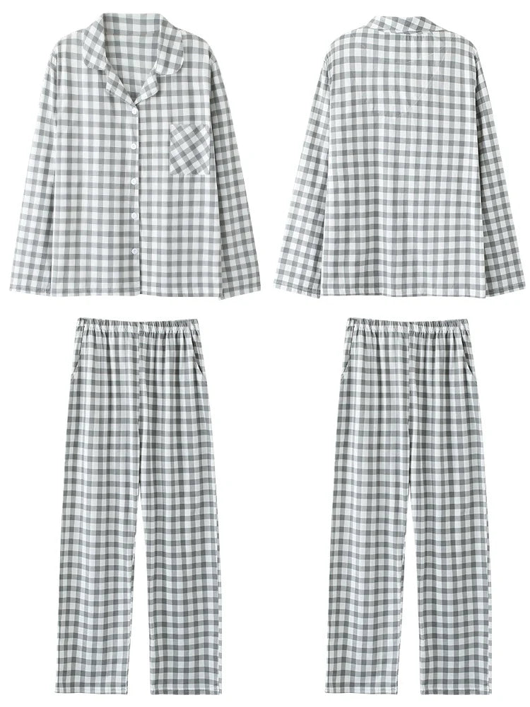 Cotton Couple Pajamas for Men and Women Spring and Autumn Pure Cotton Thin Plaid Long Sleeves Plus Size Outerwear