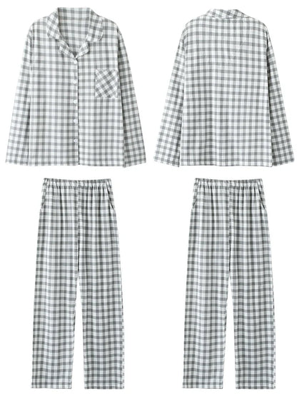 Cotton Couple Pajamas for Men and Women Spring and Autumn Pure Cotton Thin Plaid Long Sleeves Plus Size Outerwear