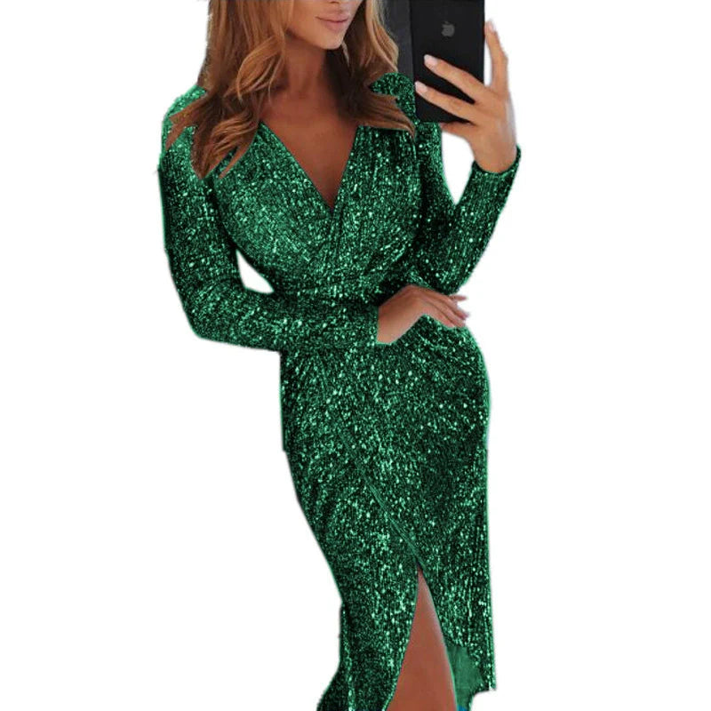 Women's Gilding Dinner Sexy Long Sleeves V Neck Shiny Dress