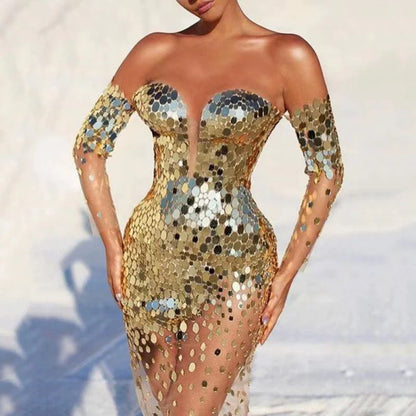 Women's Sexy Silver Dress Fashion Sexy Long Sleeves Organza Skirt
