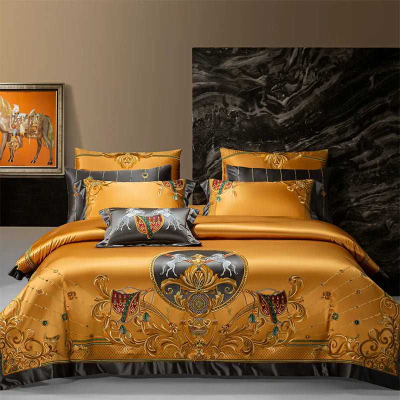 European Luxury Pure Cotton Satin Embroidery Bedding 4-10 Piece Set