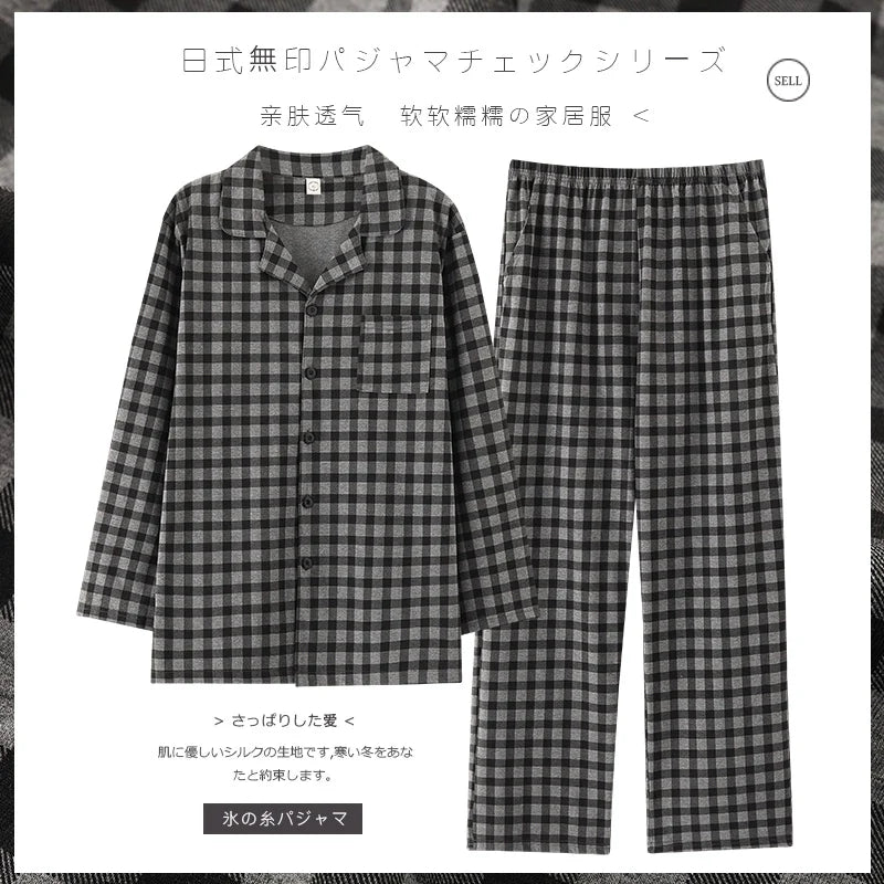 Pure Cotton Thin Plaid Unisex Pajamas for Men and Women Spring and Autumn Long Sleeves Plus Size Outerwear