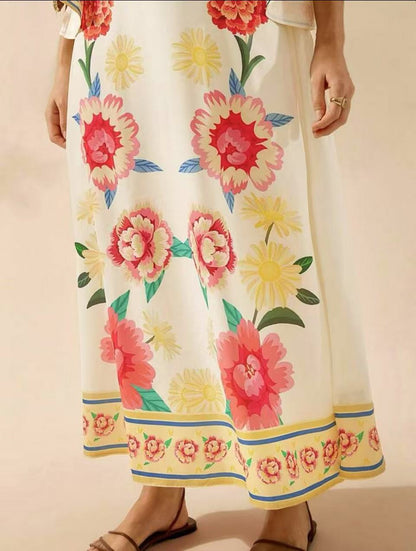 Women Summer Vintage Deep V Coconut Tree Print Flare Sleeve A-line Maxi Dress