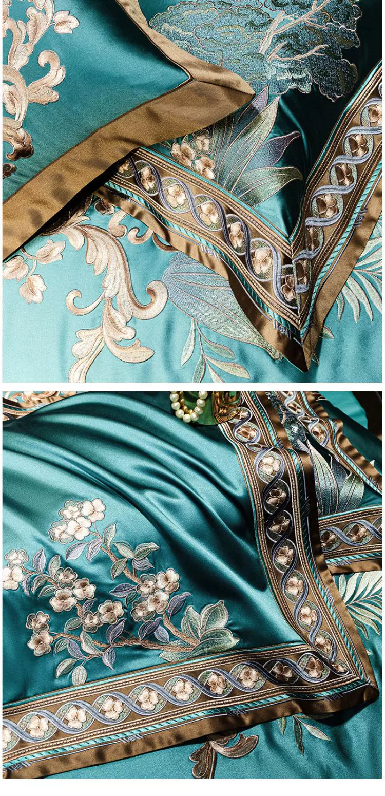 European Luxury Palace Satin Silk Cotton Embroidery Bedding Set 6-10 PCs Set