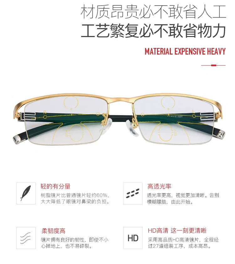 German Reading Glasses Men's Dual-Use HD Smart Ultra Light Glasses Automatic Zoom Progressive Presbyopic Glasses Anti-Blue Light