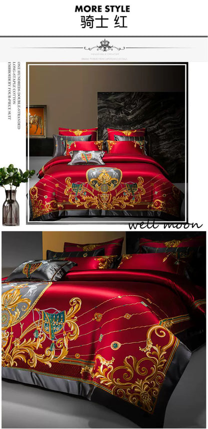 European Luxury Palace Satin Silk Cotton Embroidery Bedding Set 6-10 PCs Set