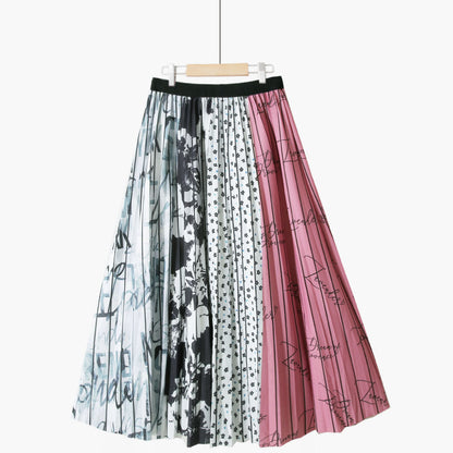 Summer Retro Blue and White Porcelain Printed Mid Length Pleated Skirt