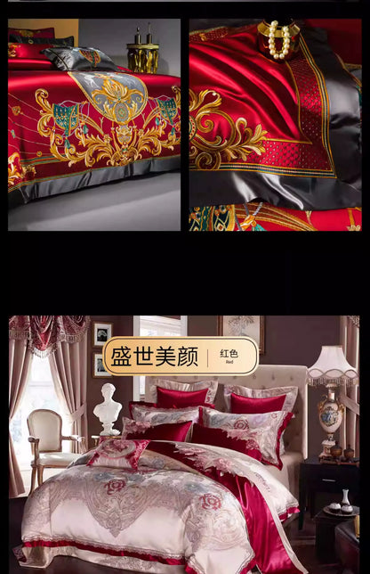 European Luxury Pure Cotton Satin Embroidery Bedding 4-10 Piece Set