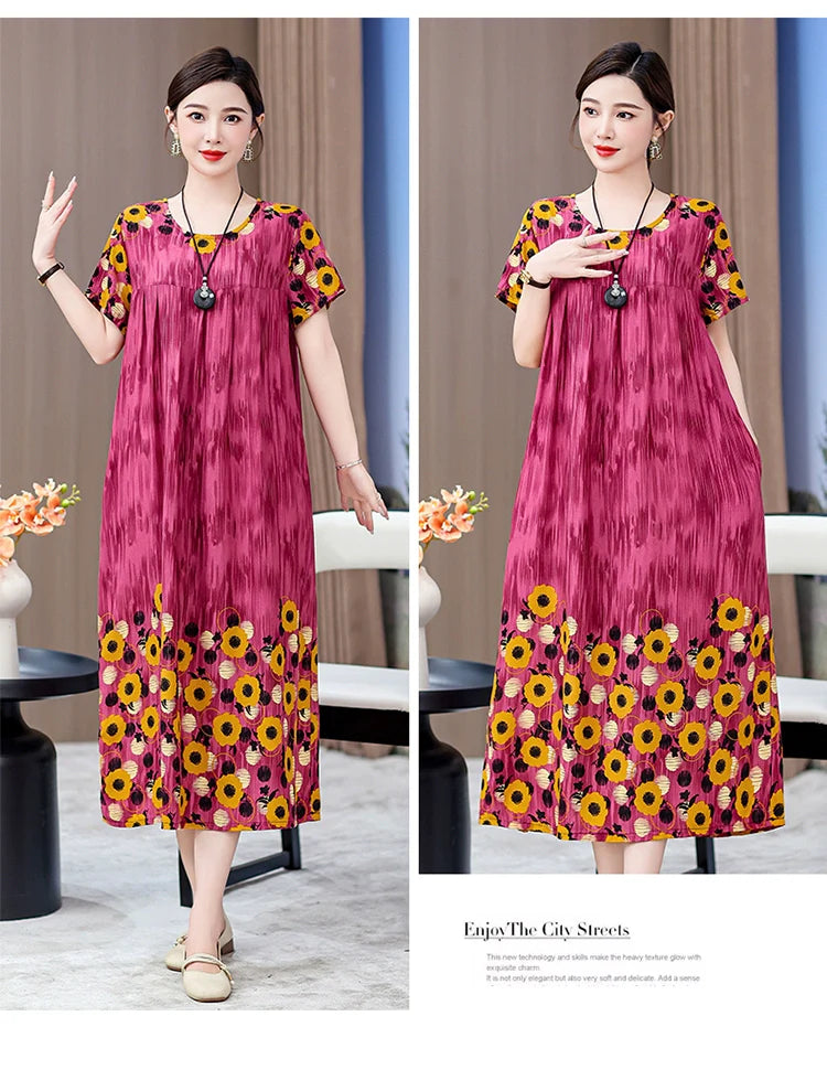 Noble over-the-Knee Middle-Aged Ladieswear Large Swing Noil Poplin Dress