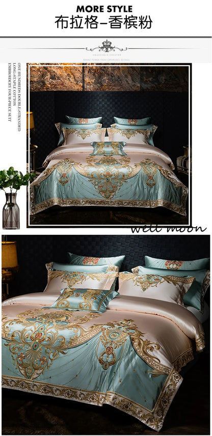 European Luxury Embroidery Palace Pure Cotton Satin Silk Bedding Set 6-10 PCs Set