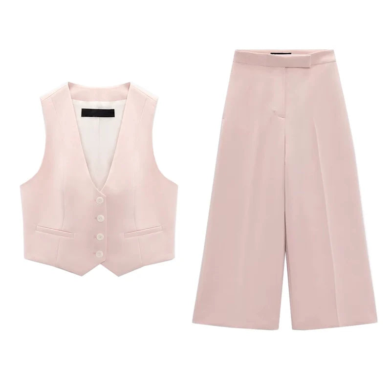 Spring High Waist Loose Pants Pants and Sleeveless V Neck Short Vest