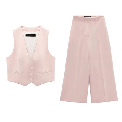 Spring High Waist Loose Pants Pants and Sleeveless V Neck Short Vest