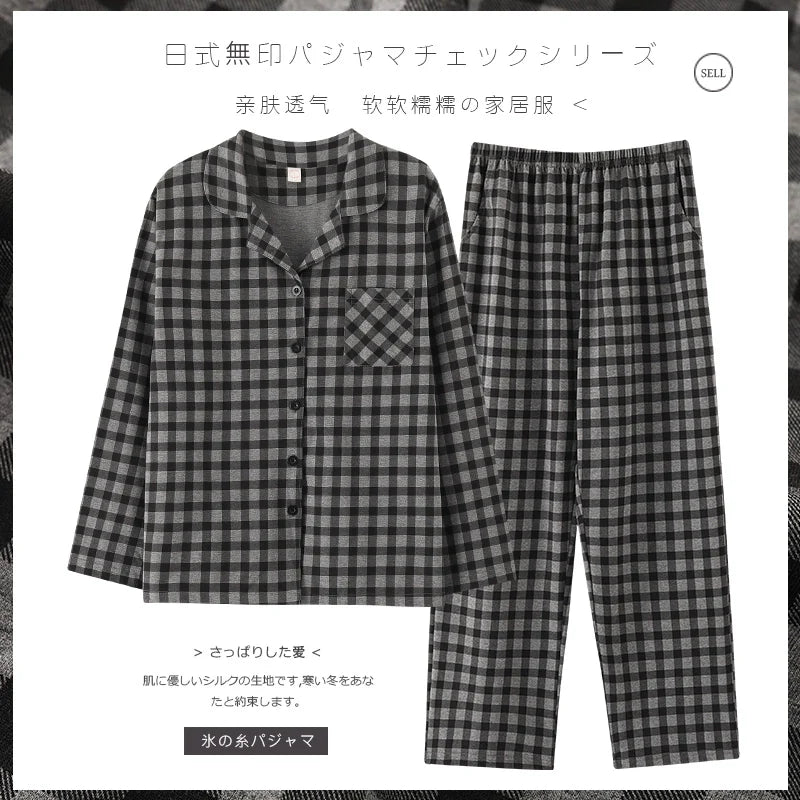 Cotton Couple Pajamas for Men and Women Spring and Autumn Pure Cotton Thin Plaid Long Sleeves Plus Size Outerwear