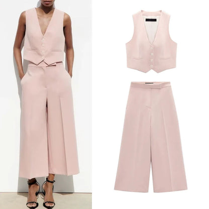 Spring High Waist Loose Pants Pants and Sleeveless V Neck Short Vest