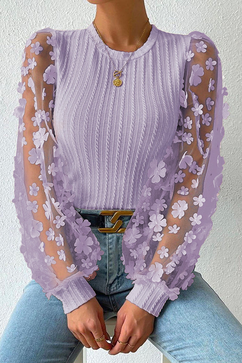 Women Fashion Blouse Mesh Long Sleeves Small Flower