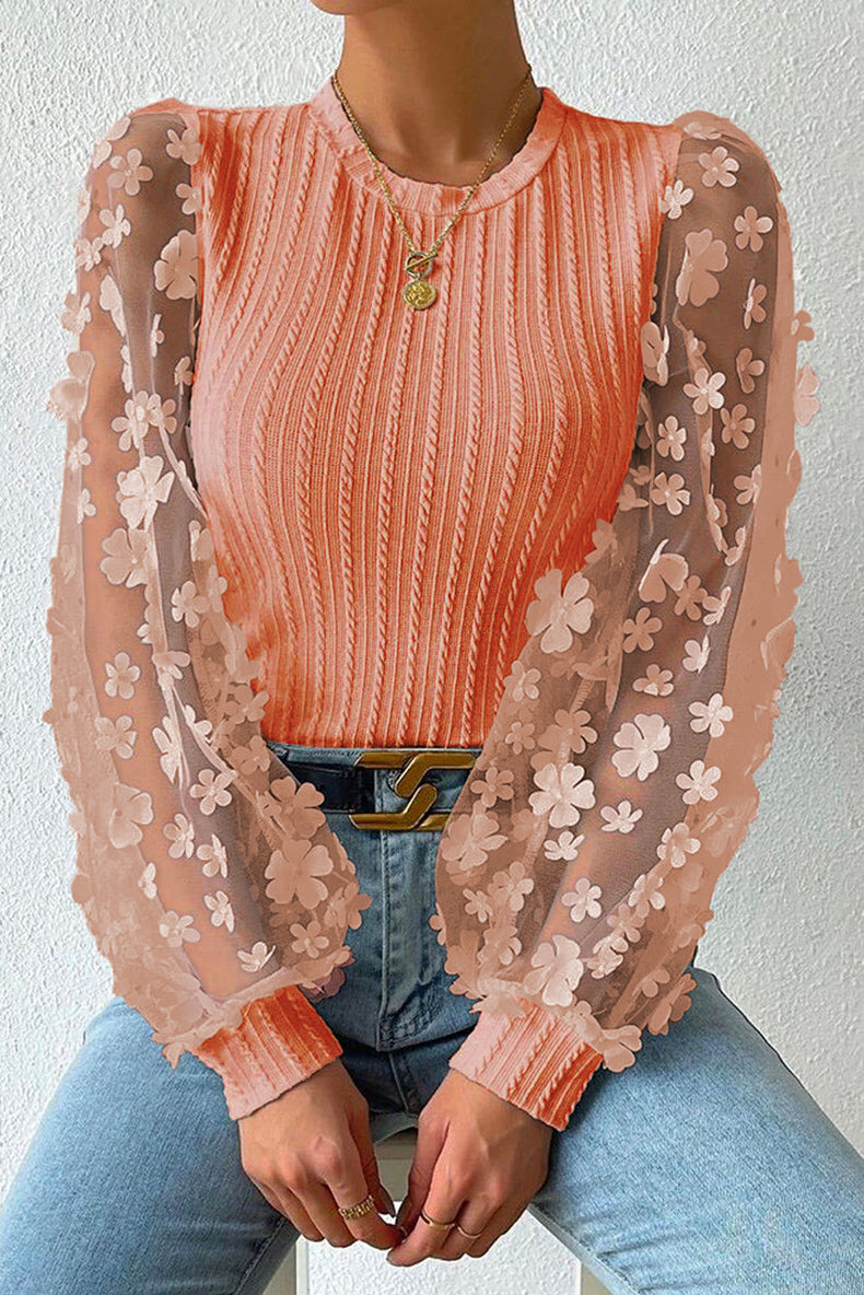 Women Fashion Blouse Mesh Long Sleeves Small Flower
