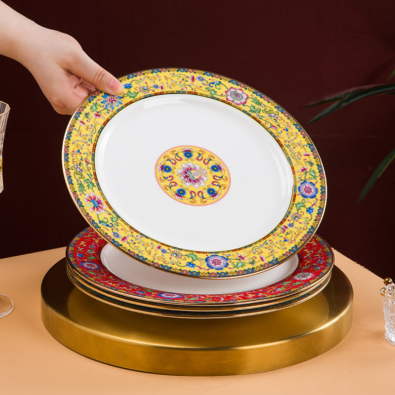 Enamel Color Big Dish round Plate For Home Single Chinese Creative Deep Dish Soup Plate Ceramic Tableware