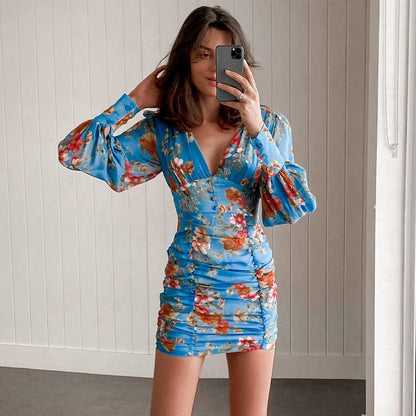 Elegant Lantern Sleeve V Neck Floral Skirt Women's Autumn Dress