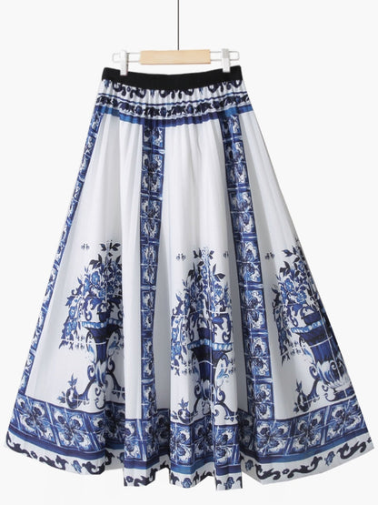 Summer Retro Blue and White Porcelain Printed Mid Length Pleated Skirt