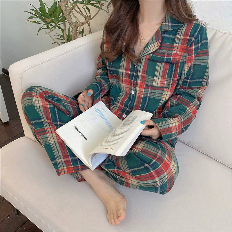 K-style Ins Spring & Fall Winter Christmas Plaid Cotton and Linen Pajamas Long Sleeves Pants Loose