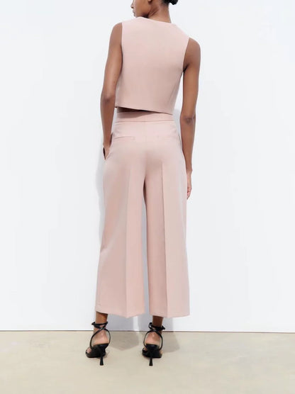 Spring High Waist Loose Pants Pants and Sleeveless V Neck Short Vest