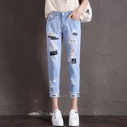 Ripped Wide-Leg Diamond Jeans Female Summer High Waist Loose Slim
