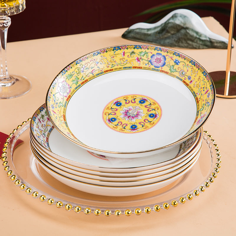 Enamel Color Big Dish round Plate For Home Single Chinese Creative Deep Dish Soup Plate Ceramic Tableware