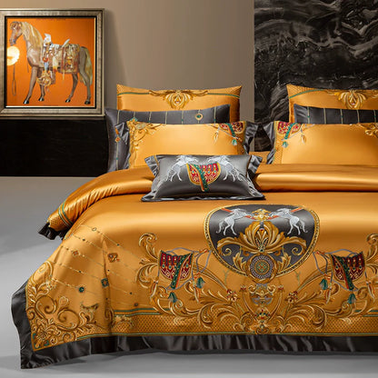 European Luxury Palace Satin Silk Cotton Embroidery Bedding Set 6-10 PCs Set