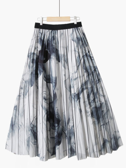 Summer Retro Blue and White Porcelain Printed Mid Length Pleated Skirt