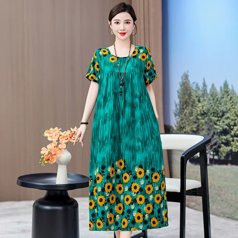 Noble over-the-Knee Middle-Aged Ladieswear Large Swing Noil Poplin Dress