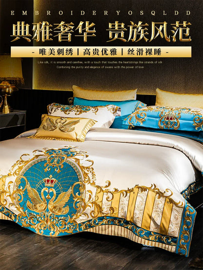 European Luxury Pure Cotton Satin Embroidery Bedding Set 4 - 10 Pieces