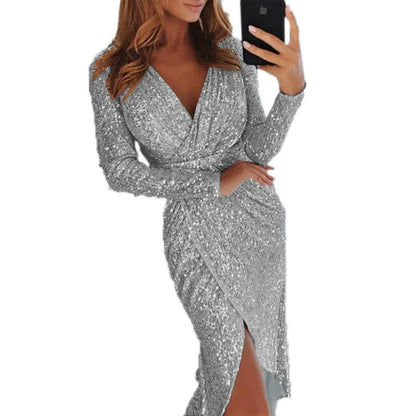 Women's Gilding Dinner Sexy Long Sleeves V Neck Shiny Dress